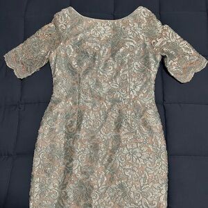 Eliza J Metallic Lace Midi Dress in Silver and Tan